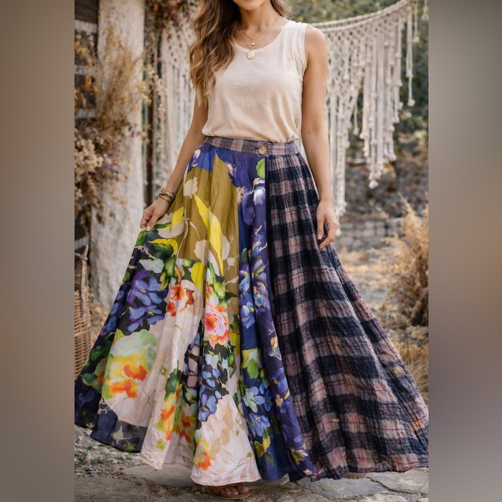 Aratta Silent JourneyPatchwork Floral Skirt Boho Art To Wear Skirt | Eclectic M